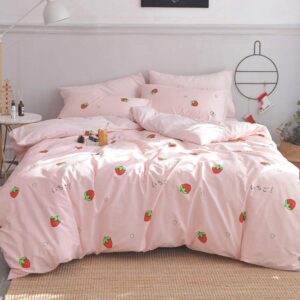 eavd kawaii strawberry duvet cover queen pink soft 100% cotton cute strawberry bedding set for girls/boys women japanese strawberry comforter set full aesthetic bedding set(no comforter)