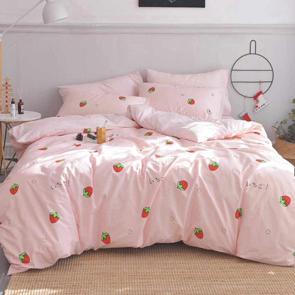 EAVD Kawaii Strawberry Duvet Cover Queen Pink Soft 100% Cotton Cute Strawberry bedding Set for Girls/boys Women Japanese Strawberry Comforter Set Full Aesthetic bedding Set(NO Comforter)