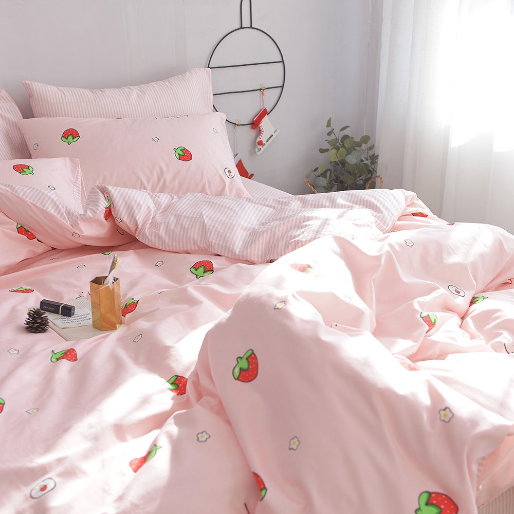 EAVD Kawaii Strawberry Duvet Cover Queen Pink Soft 100% Cotton Cute Strawberry bedding Set for Girls/boys Women Japanese Strawberry Comforter Set Full Aesthetic bedding Set(NO Comforter)