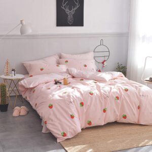 EAVD Kawaii Strawberry Duvet Cover Queen Pink Soft 100% Cotton Cute Strawberry bedding Set for Girls/boys Women Japanese Strawberry Comforter Set Full Aesthetic bedding Set(NO Comforter)