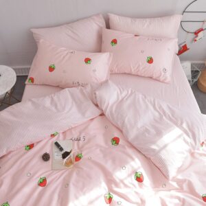 EAVD Kawaii Strawberry Duvet Cover Queen Pink Soft 100% Cotton Cute Strawberry bedding Set for Girls/boys Women Japanese Strawberry Comforter Set Full Aesthetic bedding Set(NO Comforter)