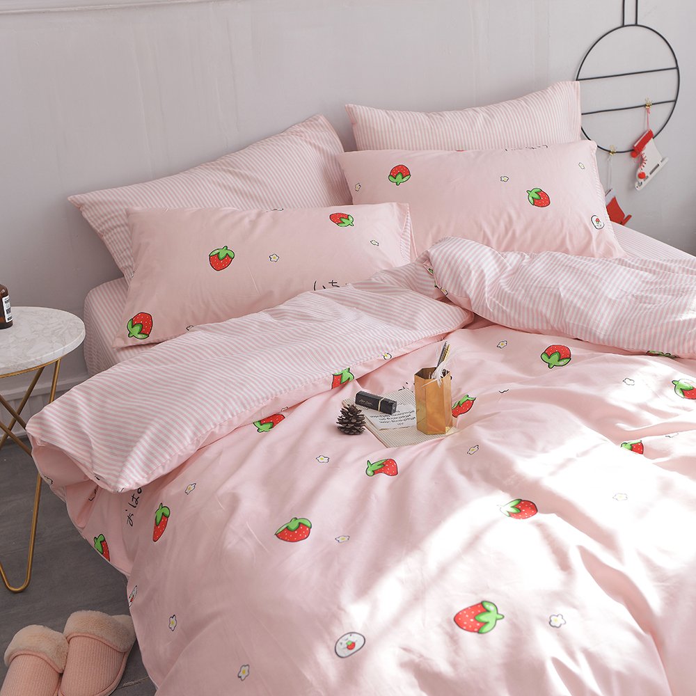 EAVD Kawaii Strawberry Duvet Cover Queen Pink Soft 100% Cotton Cute Strawberry bedding Set for Girls/boys Women Japanese Strawberry Comforter Set Full Aesthetic bedding Set(NO Comforter)