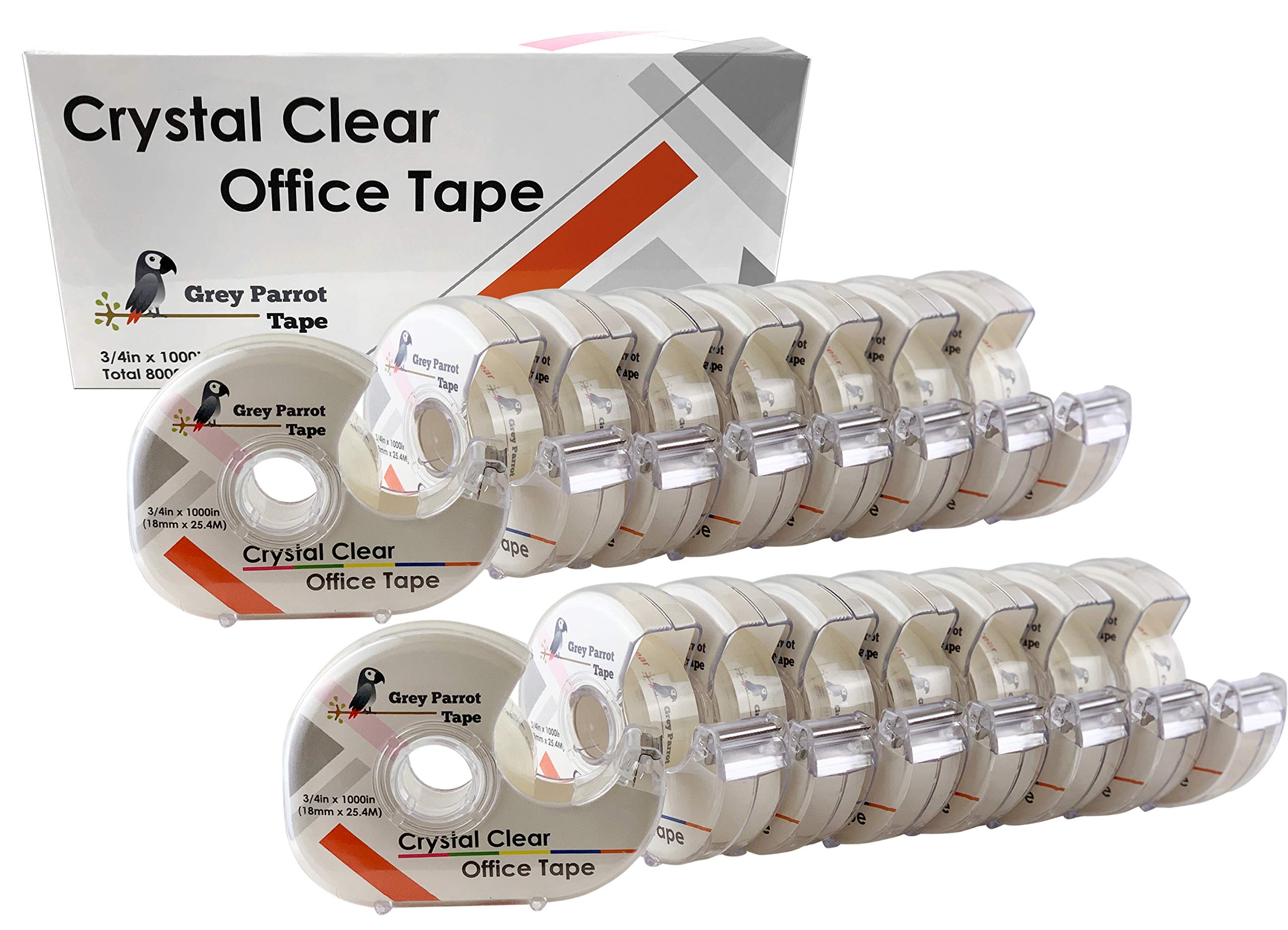 Greyparrot Office Tape Clear Refill Rolls + Dispenser(16 Pack),(3/4” X 1000in/pack). for Craft Jobs, Gift Wrapping, Office Work Clear(Transparent) Glossy Finish, Refillable (16000 inch/Total)