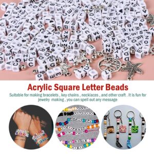 Heflashor 1900pcs Letter Beads for Bracelets 9 Color Acrylic Cube Square Alphabet Number Beads A-Z and Heart Beads with 1 Roll Elastic Crystal String Cord for Jewelry Making/Necklaces,6 X 6mm