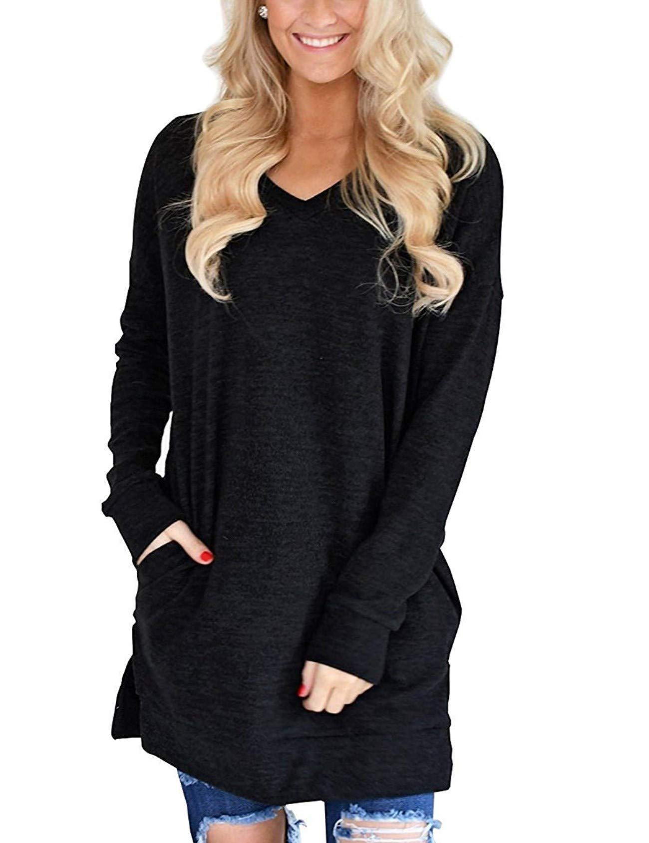 LERUCCI Womens Casual Long Sleeves Solid V-Neck Tunics Tops with Pockets Black X-Large