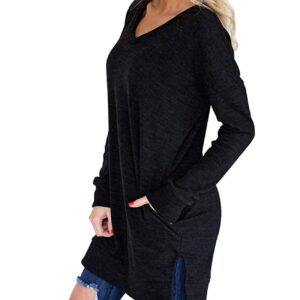 LERUCCI Womens Casual Long Sleeves Solid V-Neck Tunics Tops with Pockets Black X-Large