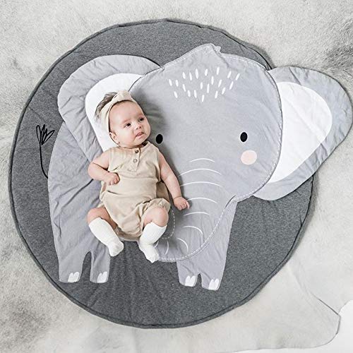 Hiltow Round Cartoon Elephant Nursery Rug Floor Playmats Crawling Mat Game Blanket for Play Room Decoration