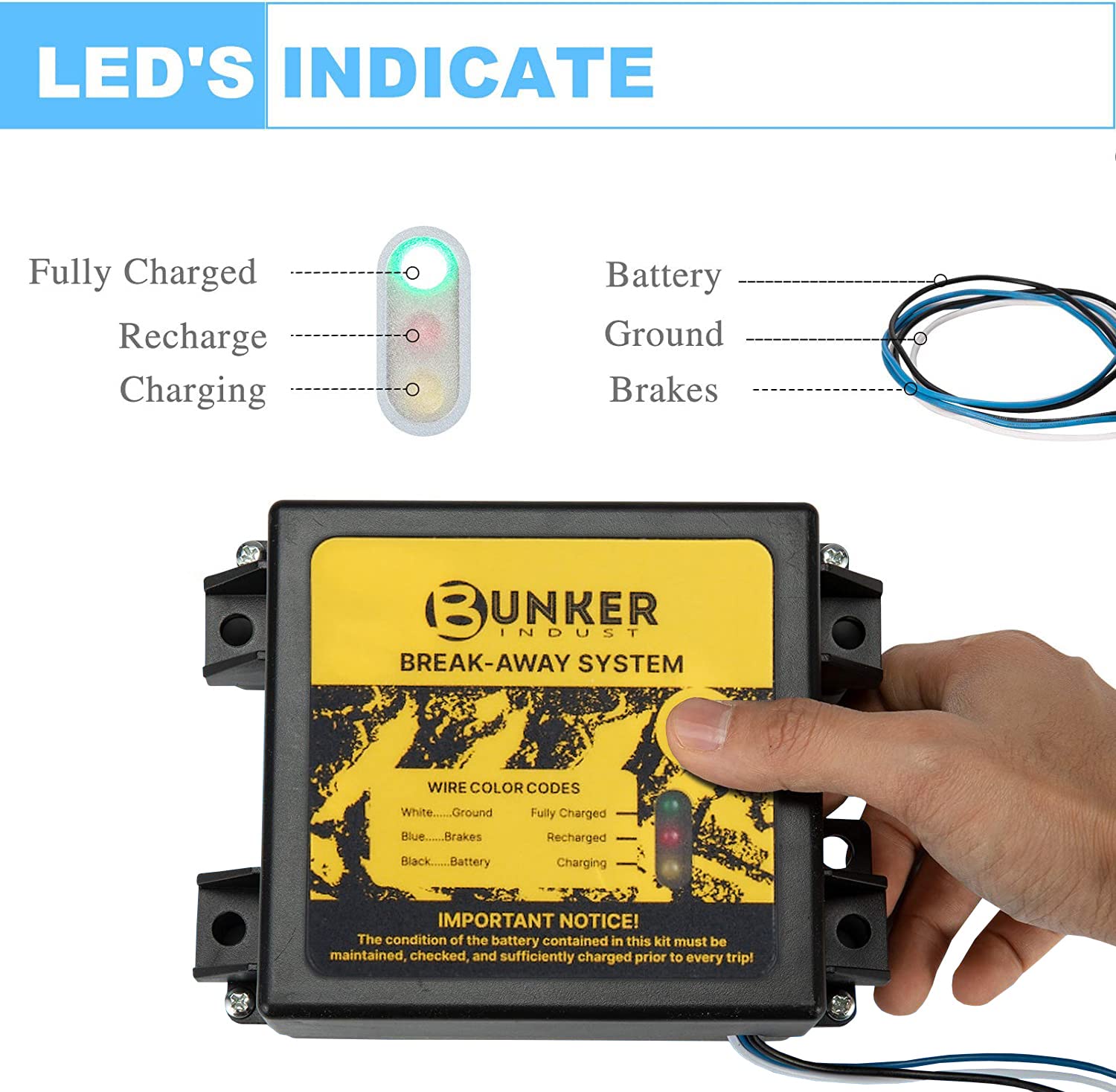 BUNKER INDUST Trailer Brakes Breakaway Kit with Charger, LED Indicator, Switch, 12V 5AH Battery for Trailer Caravan
