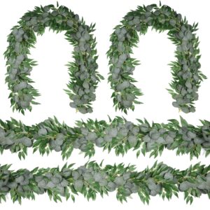 4 Pcs 6.5 Feet Artificial Silver Dollar Eucalyptus Leaves Garland with Willow Vines Twigs Leaves String for Doorways Greenery Garland Table Runner Garland Indoor Outdoor.