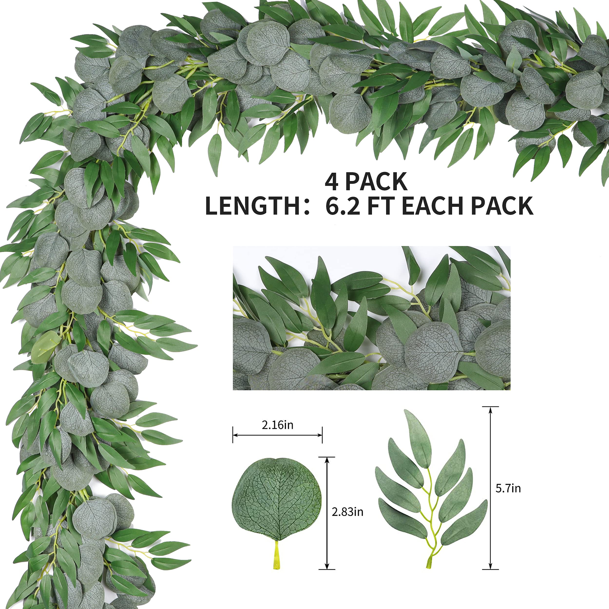 4 Pcs 6.5 Feet Artificial Silver Dollar Eucalyptus Leaves Garland with Willow Vines Twigs Leaves String for Doorways Greenery Garland Table Runner Garland Indoor Outdoor.