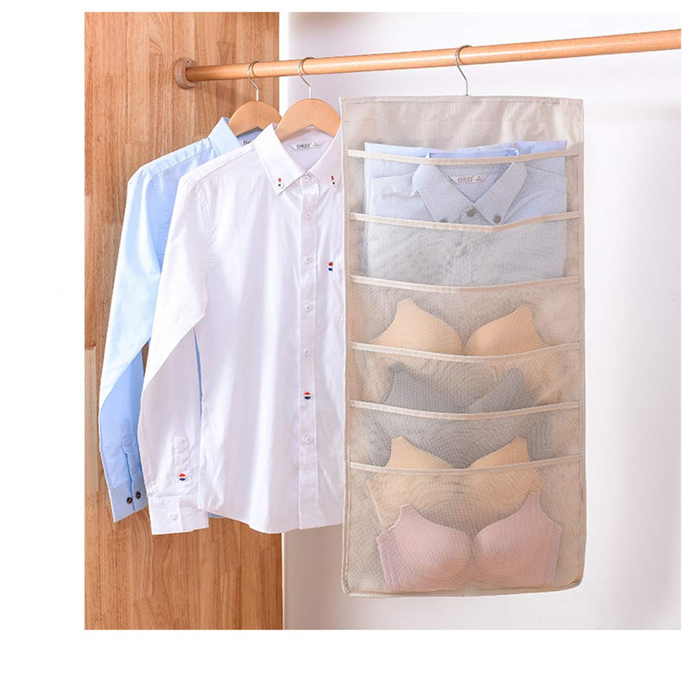 Dual-Sided 15 Mesh Pockets Hanging Closet Organizer for Bra,Underwear,Socks,Sunglasses,Snacks,Makeup,Closet Organizer Storage with Metal Hanger in Bedroom,Storeroom,Dorm(Beige)