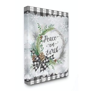 Stupell Industries Peace On Earth Wreath Plaid Holiday Christmas Word Design, Gallery Wrapped Canvas, Multi-Color