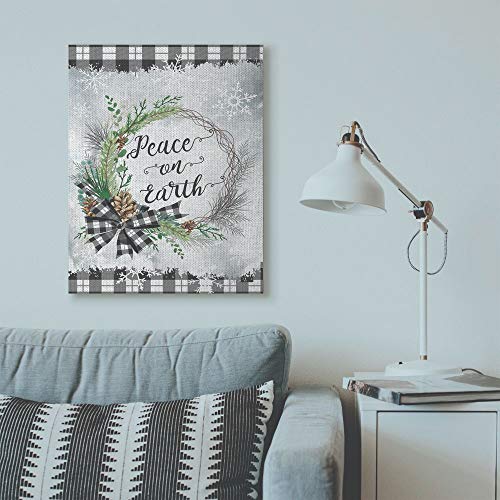 Stupell Industries Peace On Earth Wreath Plaid Holiday Christmas Word Design, Gallery Wrapped Canvas, Multi-Color