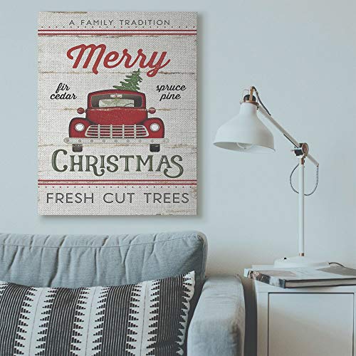 Stupell Industries Merry Christmas Red Truck Wood Texture Holiday Word Design Canvas, 36 x 48, Multi-Color