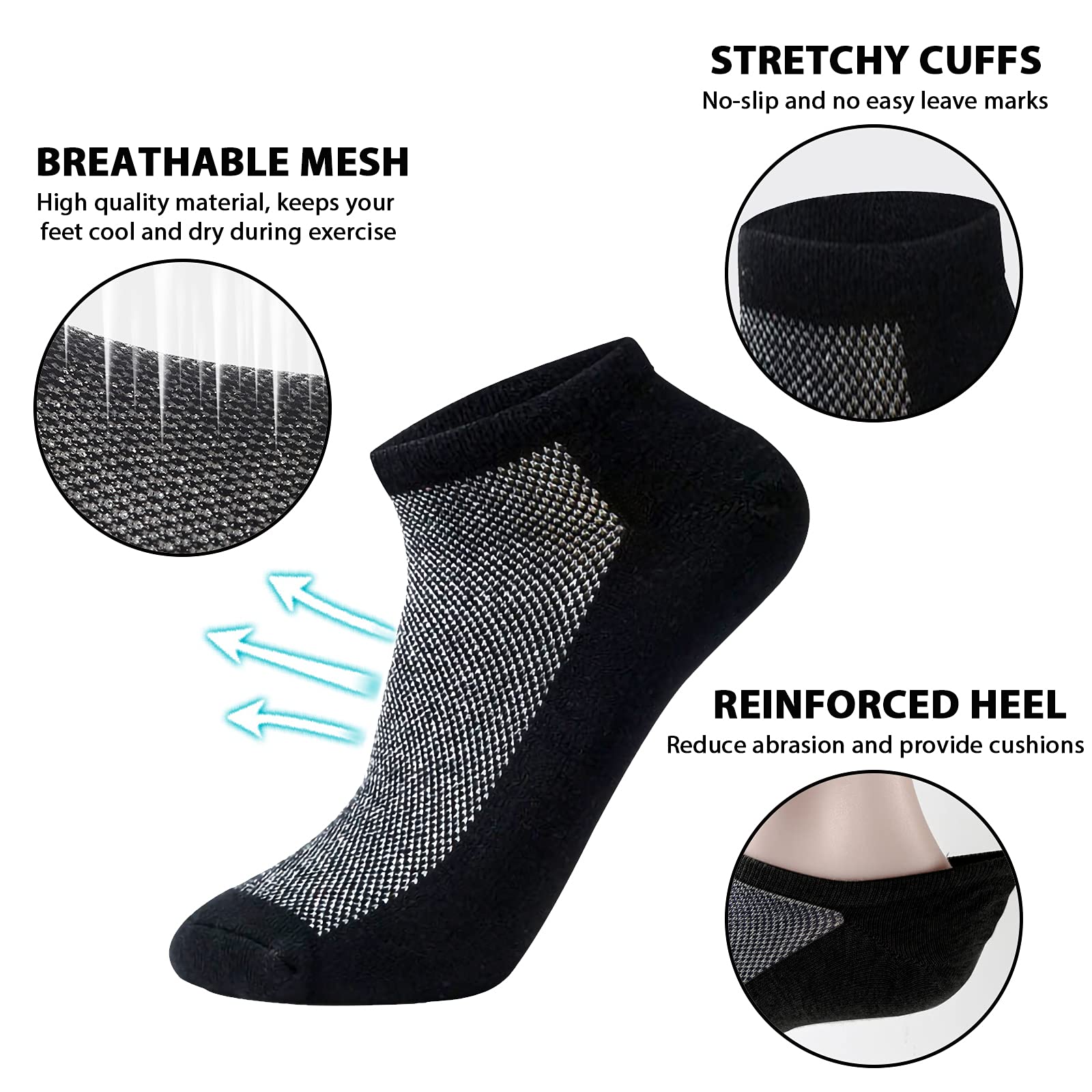 ZEINZE Mens Ankle Socks, Cotton Athletic Sock Moisture Wicking Sports Socks Non-Slip Breathable Running Socks for Men (5 Pairs)