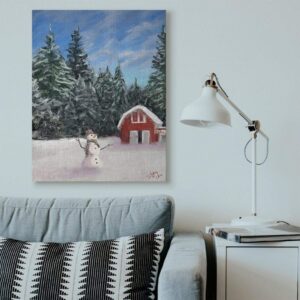 Stupell Industries Snowman On Farm Red Barn Holiday Christmas Illustration Canvas, 36 x 48, Multi-Color