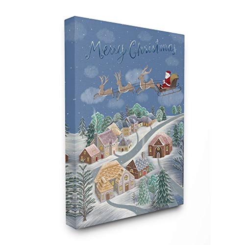 Stupell Industries Merry Christmas Santa Sleigh Scene Blue Green Holiday Illustration Canvas, 36 x 48, Multi-Color