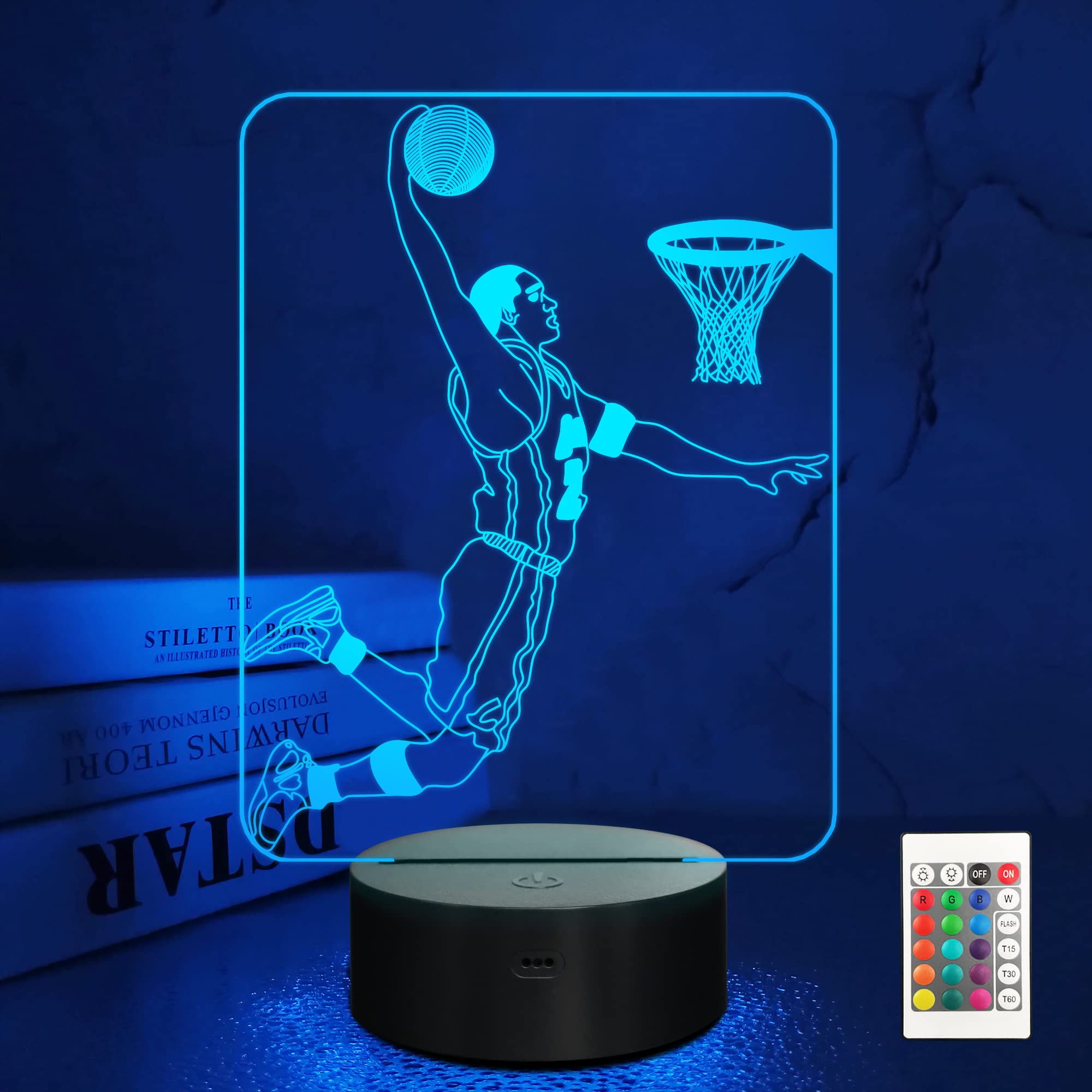 FULLOSUN Basketball 3D Night Light, Basketball Sport Gifts Bedside Lamp for Xmas Holiday Birthday Gifts for Kids Basketball Fan with Remote Control 16 Colors Changing + 4 Changing Mode + Dim Function