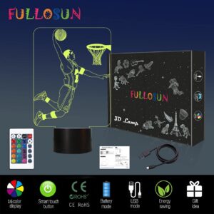 FULLOSUN Basketball 3D Night Light, Basketball Sport Gifts Bedside Lamp for Xmas Holiday Birthday Gifts for Kids Basketball Fan with Remote Control 16 Colors Changing + 4 Changing Mode + Dim Function