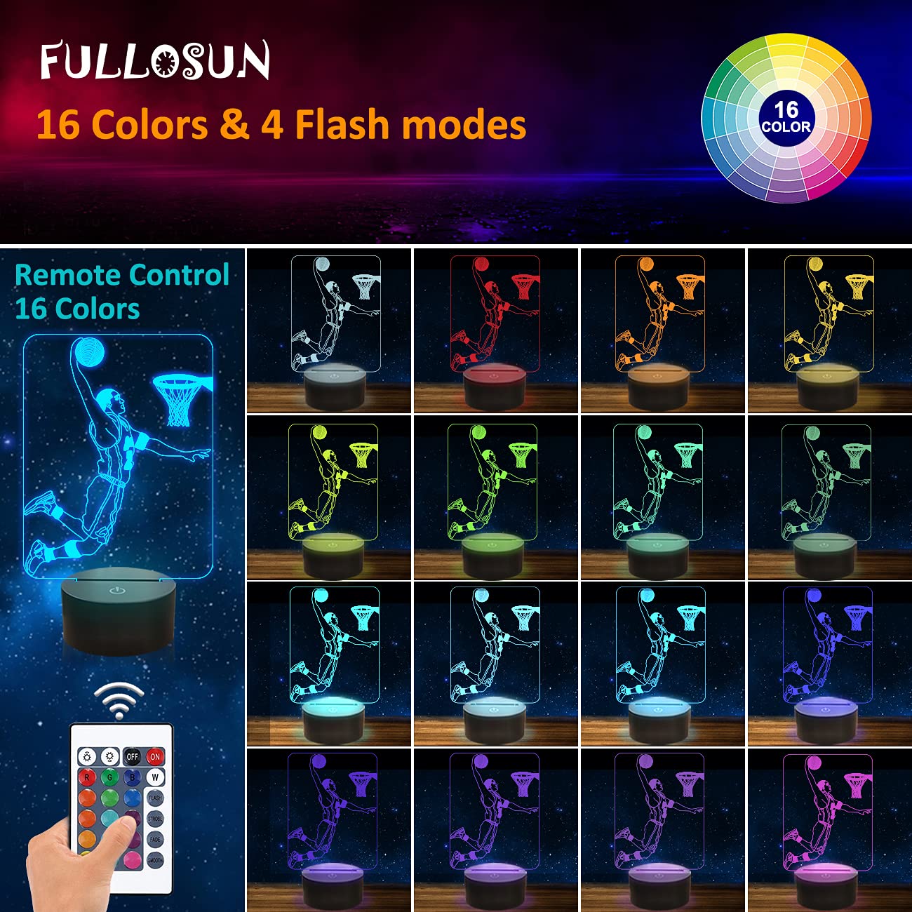 FULLOSUN Basketball 3D Night Light, Basketball Sport Gifts Bedside Lamp for Xmas Holiday Birthday Gifts for Kids Basketball Fan with Remote Control 16 Colors Changing + 4 Changing Mode + Dim Function