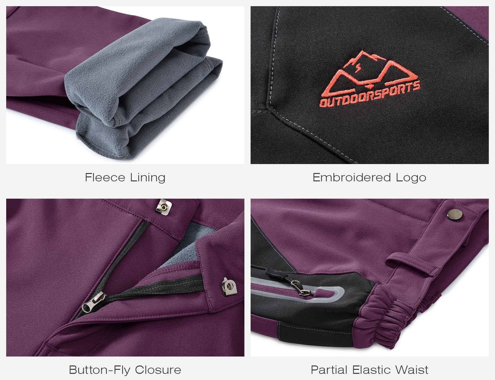 Rdruko Women's Ski Pants Waterproof Insulated Outdoor Hiking Winter Softshell Cold Weather(Purple, US M)