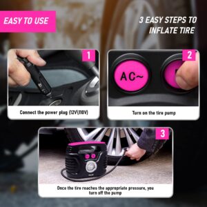 electric air compressor portable tire inflator with analog Pressure Gauge air pump for car tires 12V 110V tire pump for car bike balls & more Easy to use ideal for cool women and adults