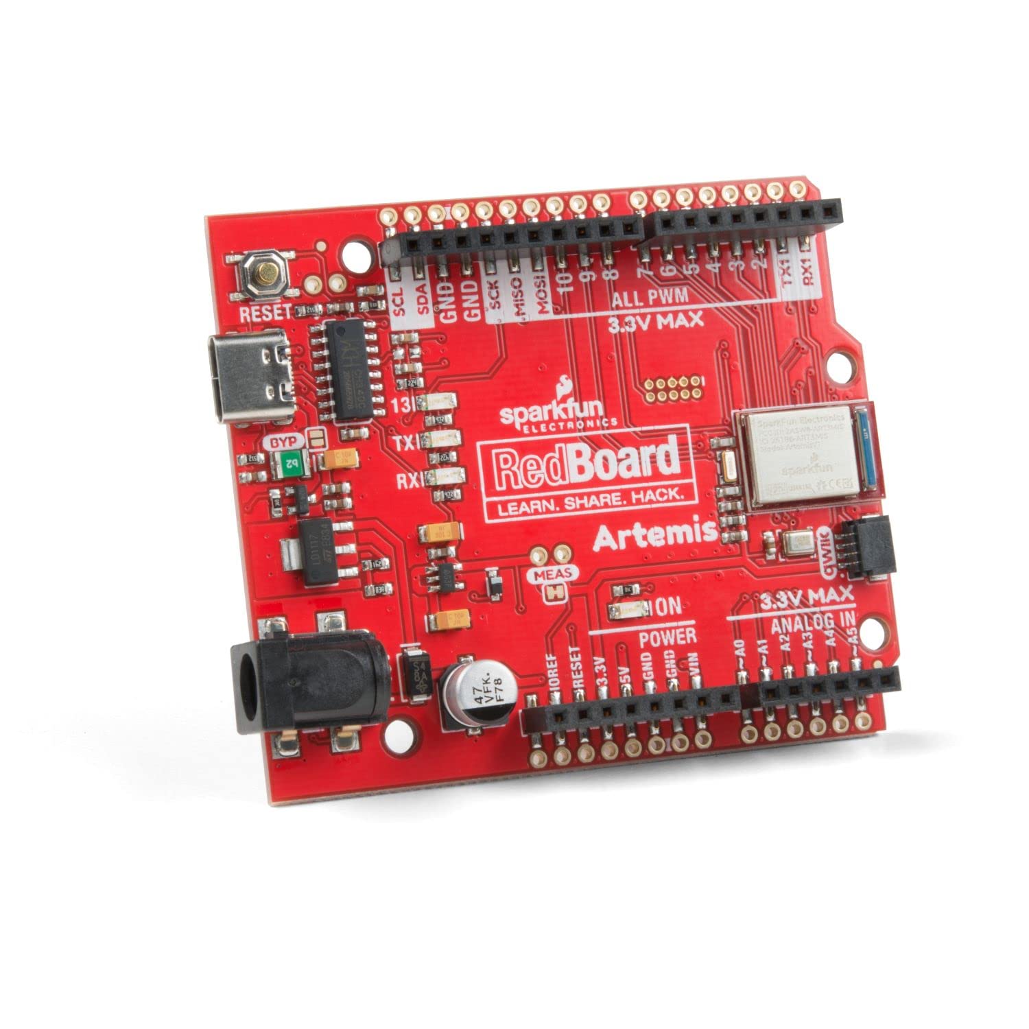 SparkFun RedBoard Artemis Machine Learning Development Board Includes BLE One megabyte of Flash USB-C connector Qwiic I2C MEMS microphone Compatible with Arduino IDE Run TenserFlow models R3 footprint