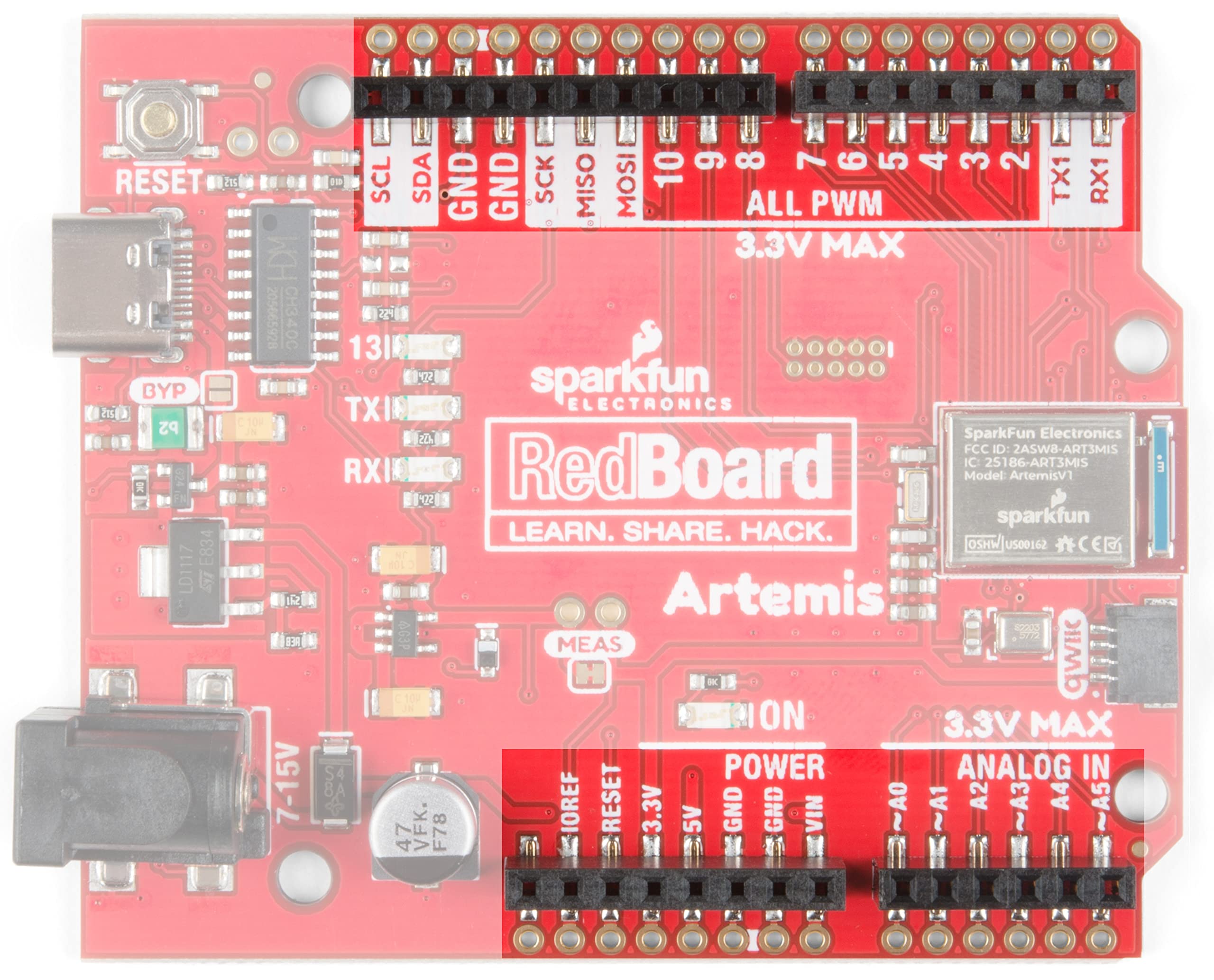 SparkFun RedBoard Artemis Machine Learning Development Board Includes BLE One megabyte of Flash USB-C connector Qwiic I2C MEMS microphone Compatible with Arduino IDE Run TenserFlow models R3 footprint