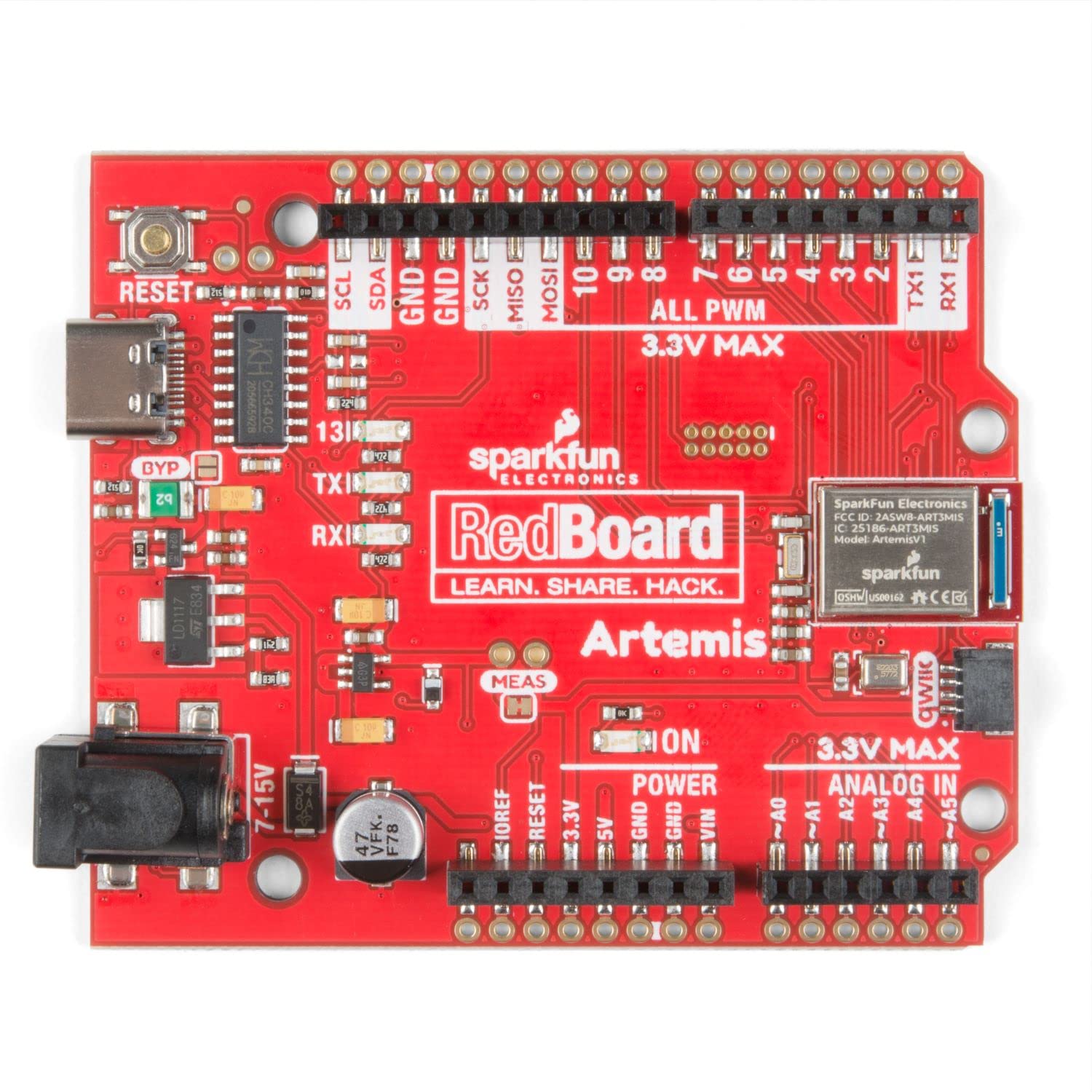 SparkFun RedBoard Artemis Machine Learning Development Board Includes BLE One megabyte of Flash USB-C connector Qwiic I2C MEMS microphone Compatible with Arduino IDE Run TenserFlow models R3 footprint