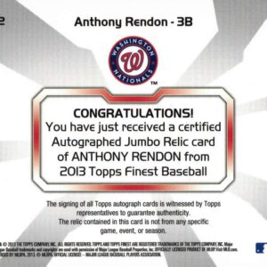 2013 Topps Finest Jumbo Relics Refractor #AJR-AR2 Anthony Rendon Certified Autograph Game Used Bat Baseball Rookie Card
