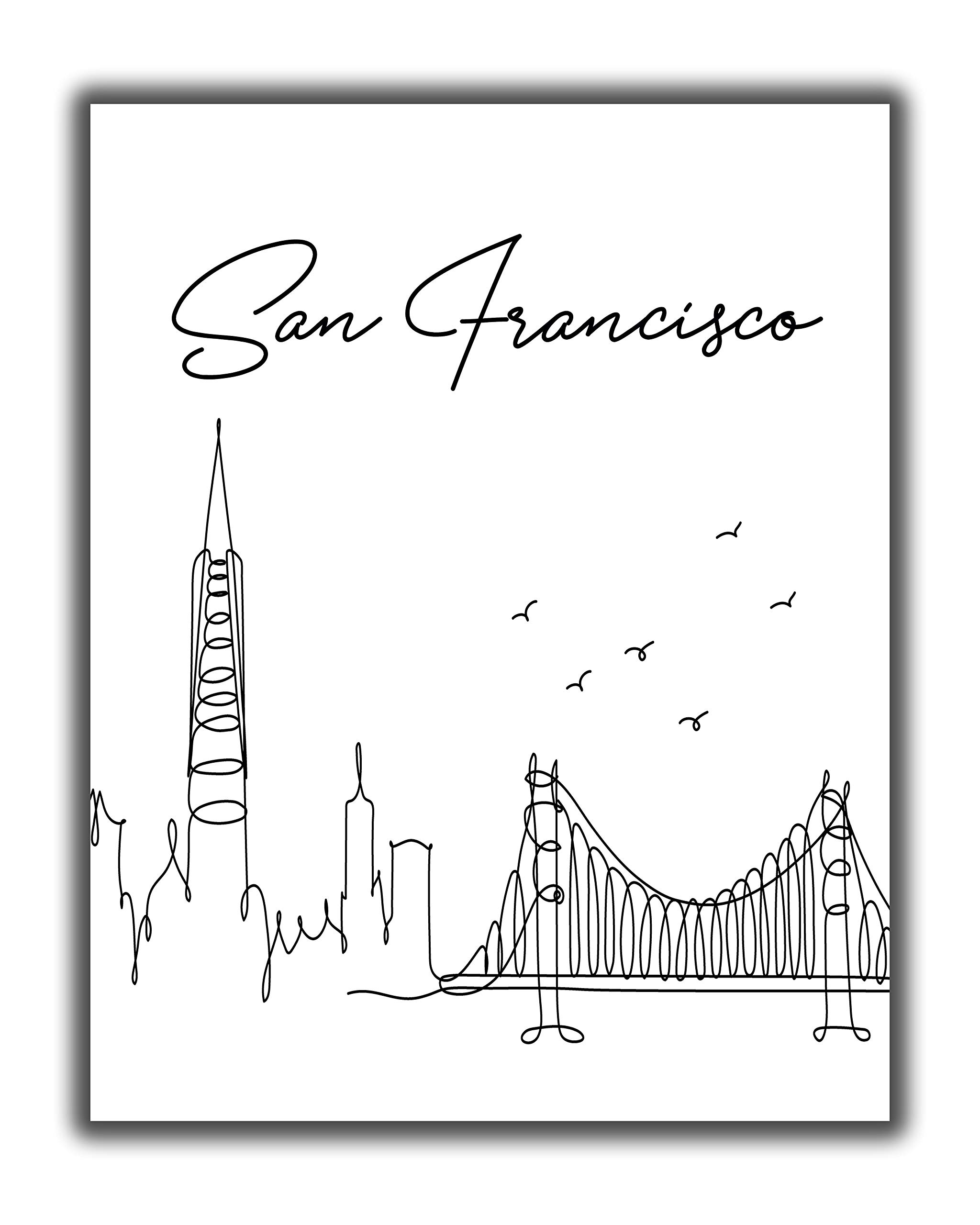 San Francisco City Skyline CityScape Wall Art - 11x14 UNFRAMED, Minimalist Line Art Black & White Decor Prints. A Perfect Gift for Anyone Who’s Ever ‘Left Their Heart in San Francisco”!