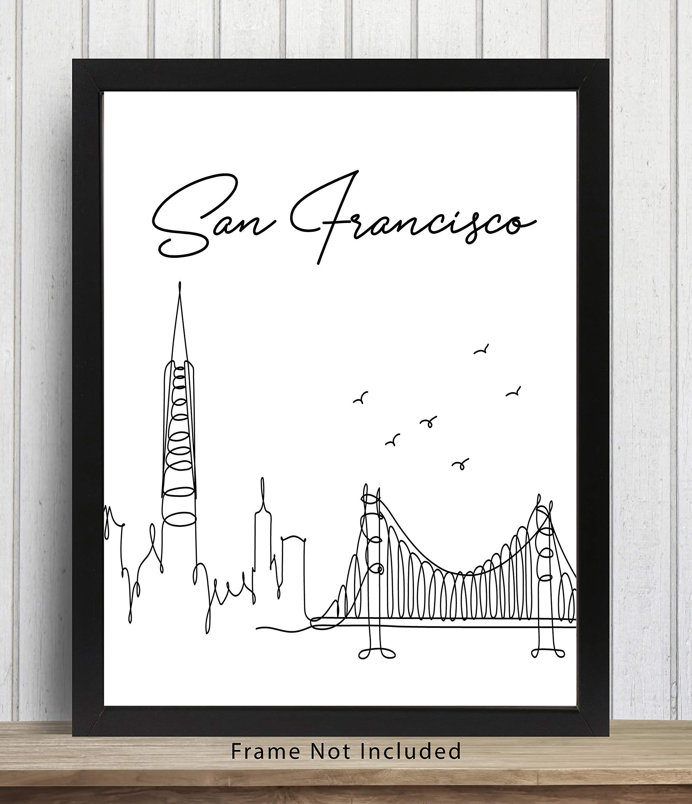 San Francisco City Skyline CityScape Wall Art - 11x14 UNFRAMED, Minimalist Line Art Black & White Decor Prints. A Perfect Gift for Anyone Who’s Ever ‘Left Their Heart in San Francisco”!