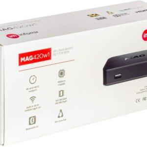 MAG 420w1 4K and HEVC Support, 512 MB RAM, 512 MB NAND, USB × 2 pcs. (3.0, 2.0), Built-in Wi-Fi, Linux OS, HDMI and RCA outputs