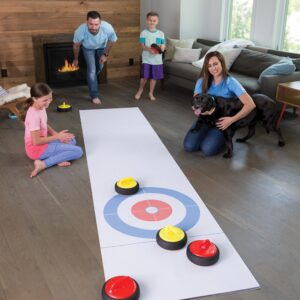 HearthSong Curling Zone – Indoor Battery Operated Hovering Curling Set – Fun Family Game for Kids and Adults – 6 Curling Stones and Floor Mat – Olympic Sport Party Game Equipment – Age 3+