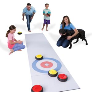 HearthSong Curling Zone – Indoor Battery Operated Hovering Curling Set – Fun Family Game for Kids and Adults – 6 Curling Stones and Floor Mat – Olympic Sport Party Game Equipment – Age 3+