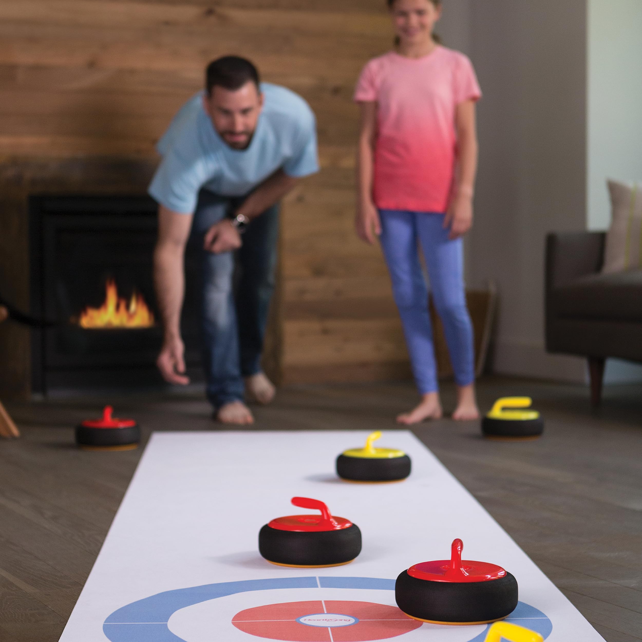 HearthSong Curling Zone – Indoor Battery Operated Hovering Curling Set – Fun Family Game for Kids and Adults – 6 Curling Stones and Floor Mat – Olympic Sport Party Game Equipment – Age 3+