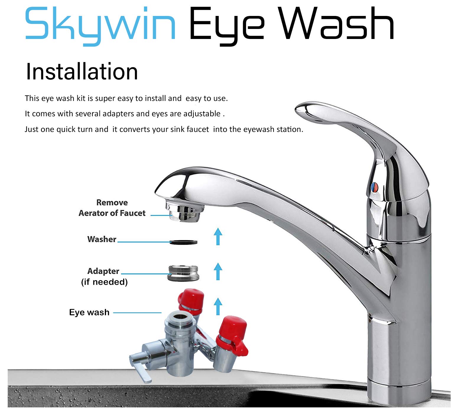 Skywin Eye Wash Kit - Faucet Mounted Emergency Eye Wash Station Sink Attachment -1x Continuous Flow Eyewash Station,3X Common Sink Adapter,2X Inspection Tag,1x Emergency Eye Wash Station Sign