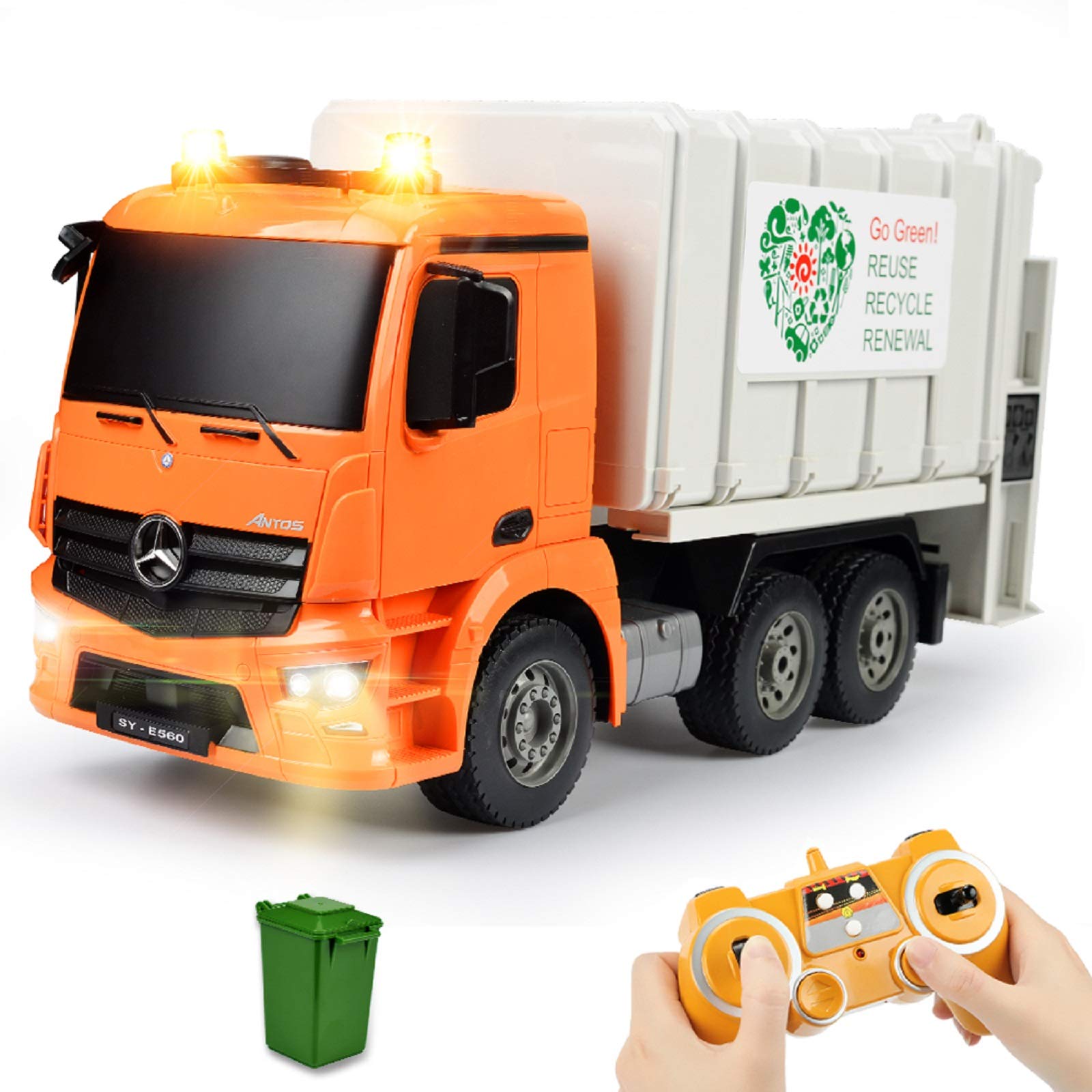 DOUBLE E Benz Licensed Remote Control Garbage Truck Electric Recycling Toy Set with Trash Bin Real Lights Rechargeable Waste Management Trash Truck Toys Gift for Kids