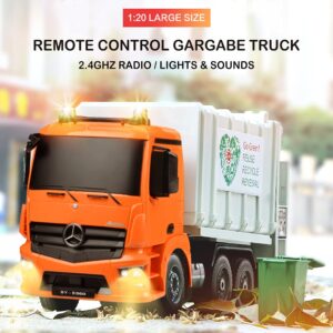 DOUBLE E Benz Licensed Remote Control Garbage Truck Electric Recycling Toy Set with Trash Bin Real Lights Rechargeable Waste Management Trash Truck Toys Gift for Kids
