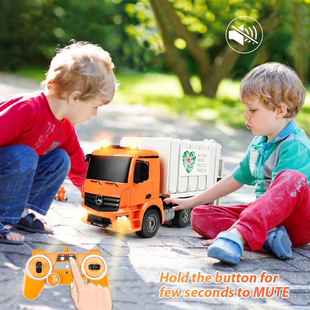 DOUBLE E Benz Licensed Remote Control Garbage Truck Electric Recycling Toy Set with Trash Bin Real Lights Rechargeable Waste Management Trash Truck Toys Gift for Kids
