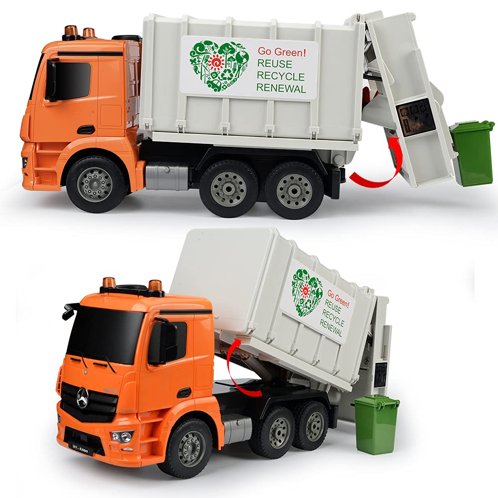 DOUBLE E Benz Licensed Remote Control Garbage Truck Electric Recycling Toy Set with Trash Bin Real Lights Rechargeable Waste Management Trash Truck Toys Gift for Kids