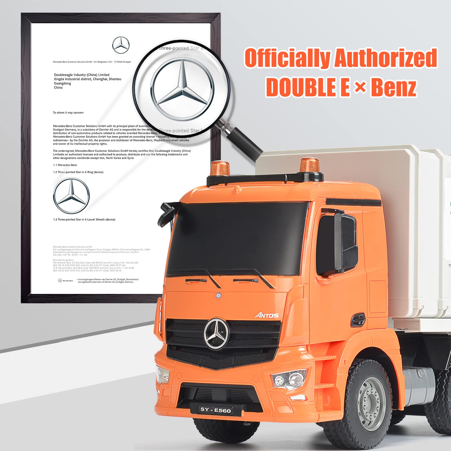 DOUBLE E Benz Licensed Remote Control Garbage Truck Electric Recycling Toy Set with Trash Bin Real Lights Rechargeable Waste Management Trash Truck Toys Gift for Kids