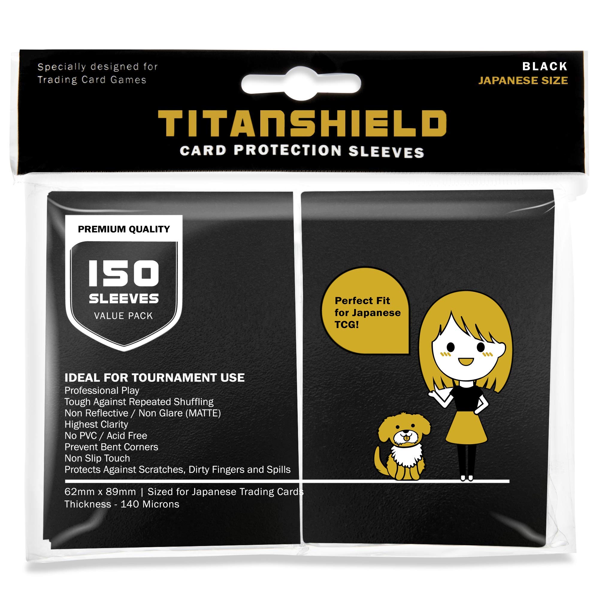 TitanShield (150 Sleeve/Black) Small Japanese Sized Trading Card Sleeves Deck Protector Compatible with Yu-Gi-Oh, Cardfight!! Vanguard & Photocards