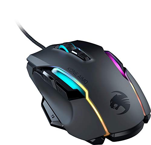 ROCCAT Kone AIMO Remastered PC Gaming Mouse, Optical, RGB Backlit Lighting, 23 Programmable Keys, Onboard Memory, Palm Grip, Owl Eye Sensor, Ergonomic, LED Illumination, Adjustable to 16,000 DPI-Black