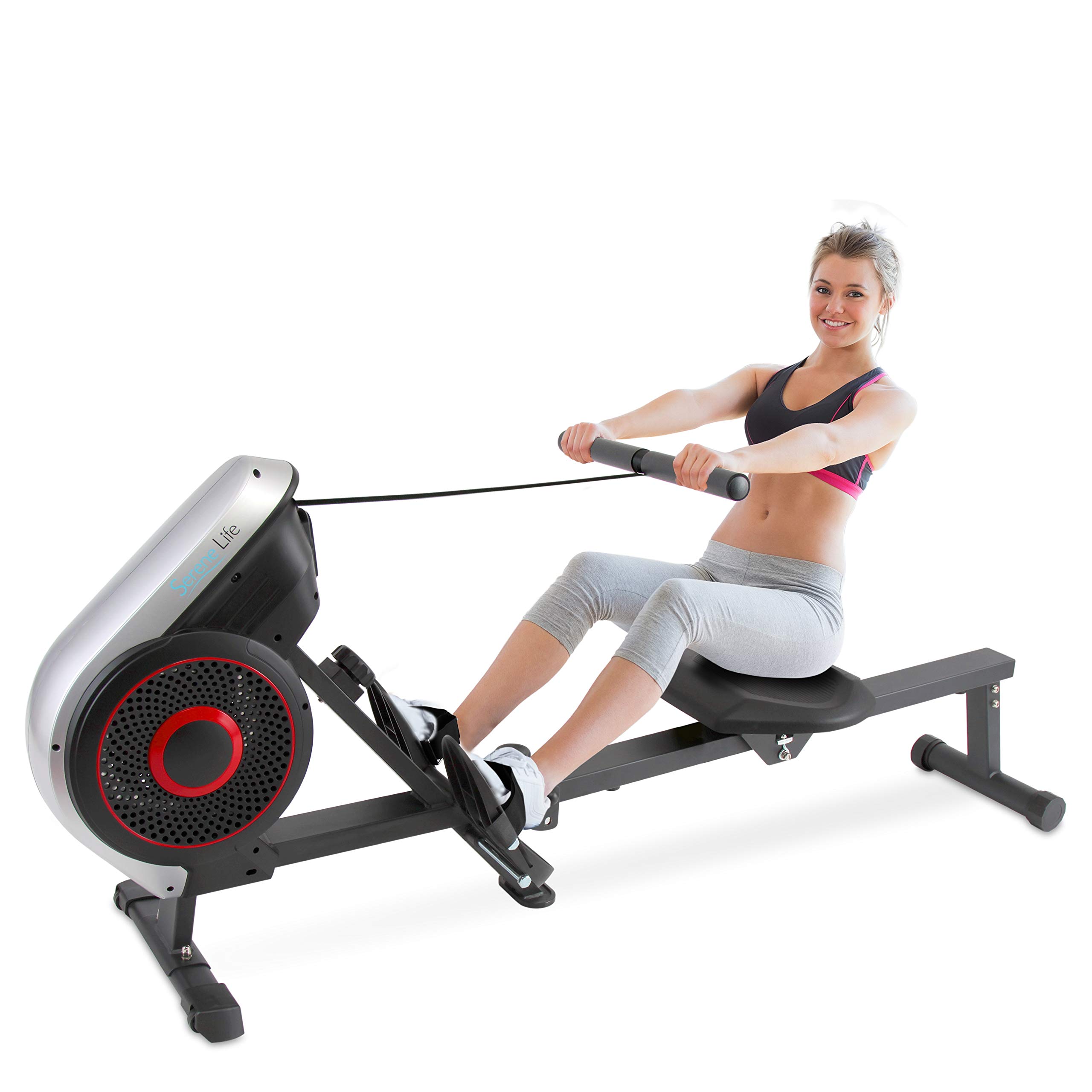 SereneLife Air & Magnetic Rowing Machine - Measures Time, Distance, Stride, Calories - For Gym or Home Cardio Workout