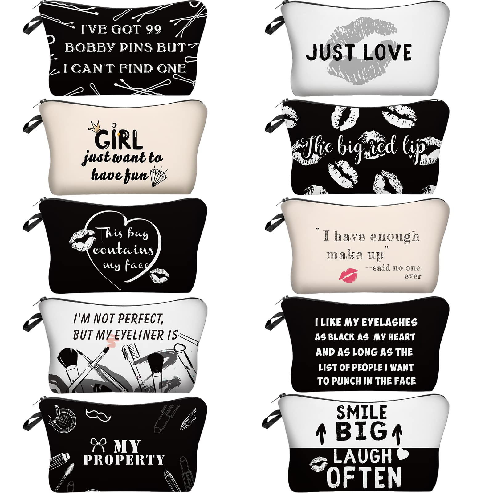 10 Pieces Letters Makeup Bags Cosmetic Pouch Travel Zipper Cosmetic Organizer Toiletry Bag Printing Pencil Bag for Women Girls Supplies Christmas Gift (Black and White Style)