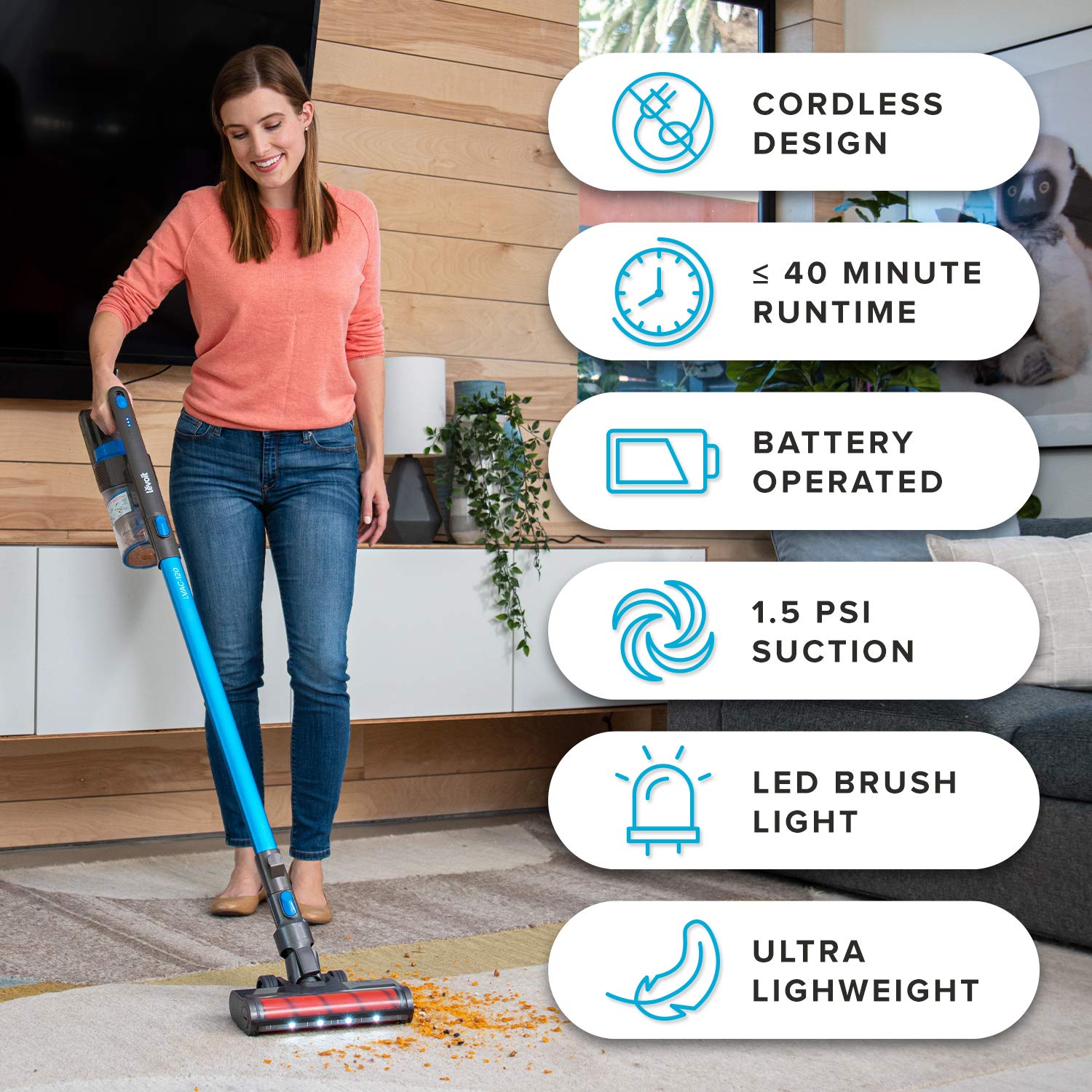 LEVOIT Cordless Vacuum Cleaner, Stick Handheld Lightweight Vacuum with 150W Powerful Suction for Hardwood Floor Pet Hair Carpet Car, Rechargeable Lithium Ion Battery and LED Brush, Blue & Gray