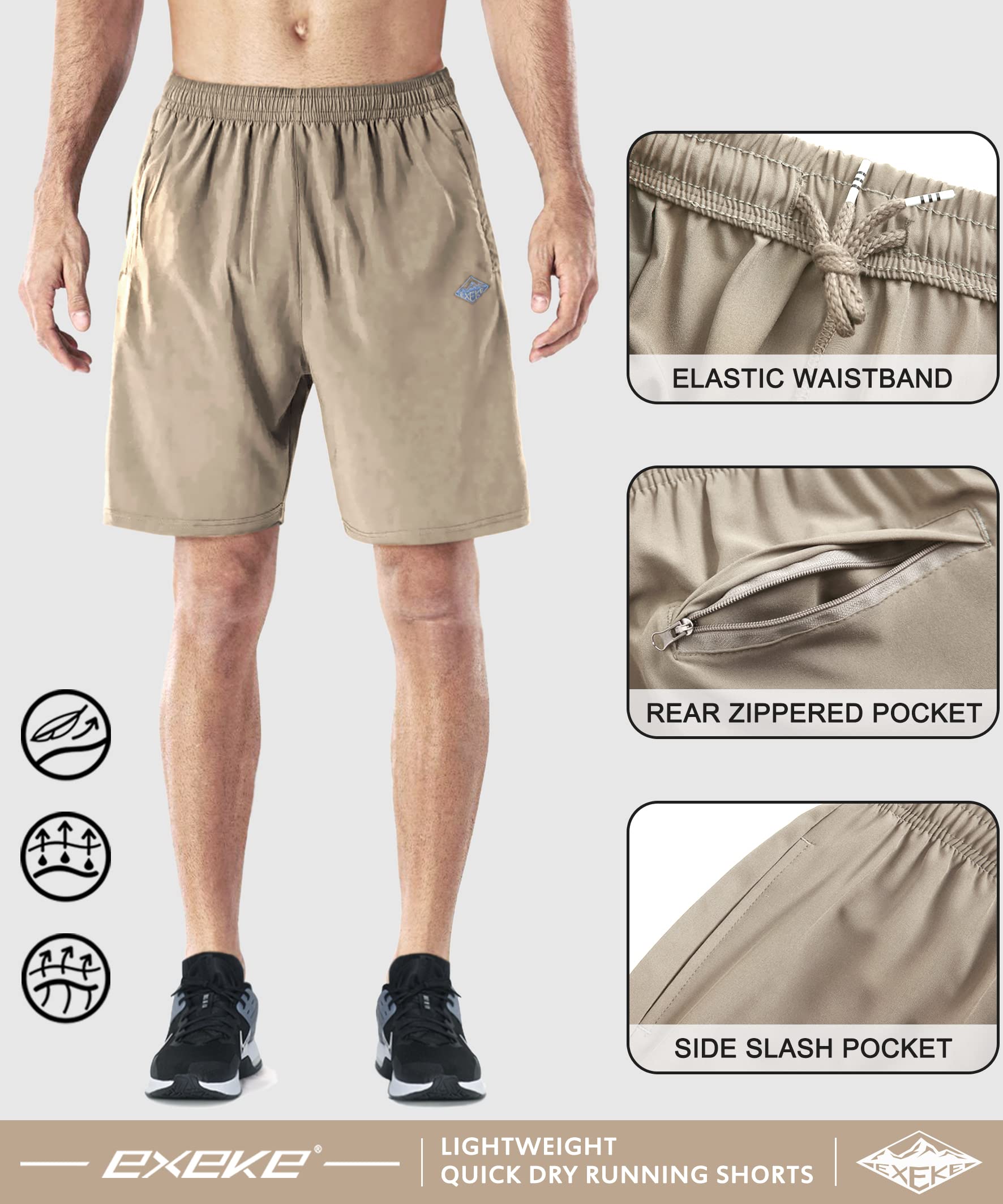 EXEKE Men's Quick Dry Running Shorts Lightweight Gym Workout Shorts with Zipper Pockets 252-3XL/Khaki 34-36