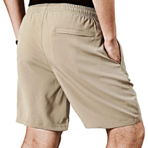 EXEKE Men's Quick Dry Running Shorts Lightweight Gym Workout Shorts with Zipper Pockets 252-3XL/Khaki 34-36