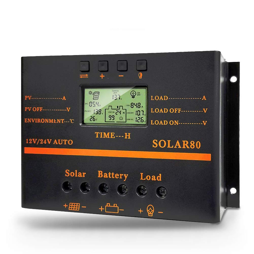 Fuhuihe Solar Charge Controller 80A, Battery Charge Regulator Auto 960W / 1920W 12V / 24V with LCD Display Mobile Power Supply Charger 5V USB Enhanced Heat Sink (80A)